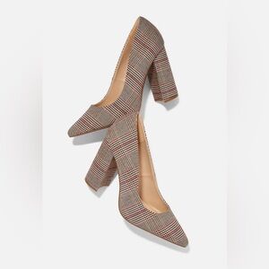 JustFab Grey Plaid Pointed Toe Chunky Block Heel Pump Tartan Holly
